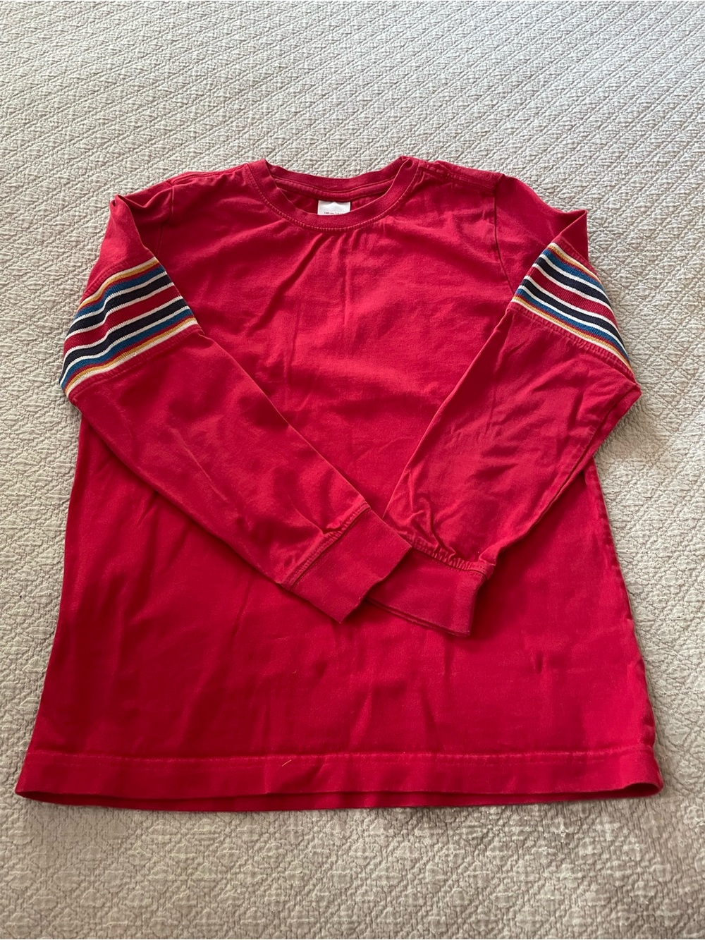Hannah Andersson Kids Long Sleeve Red Tee with Striped Sleeve Detail